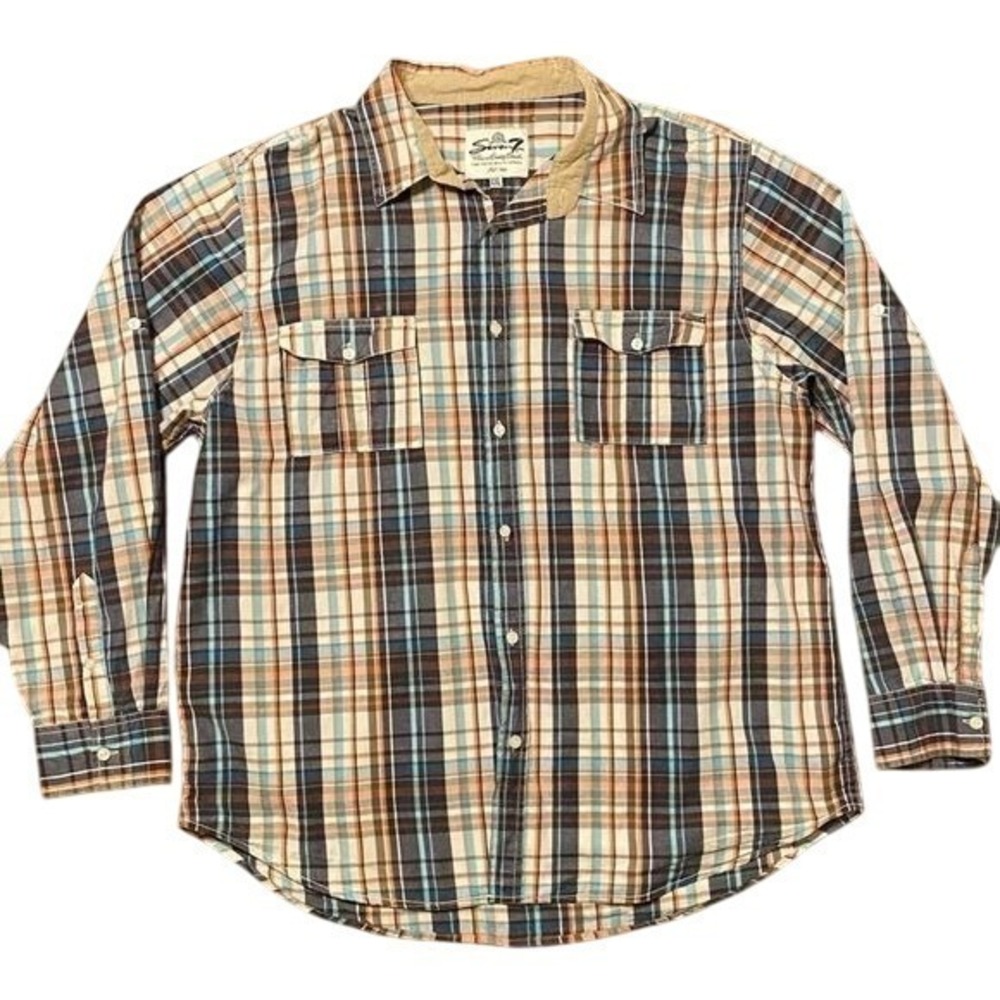 Seven 7 Shirt Mens Long Sleeve Button Up Plaid Stripes XXL pocket Cotton blue‎